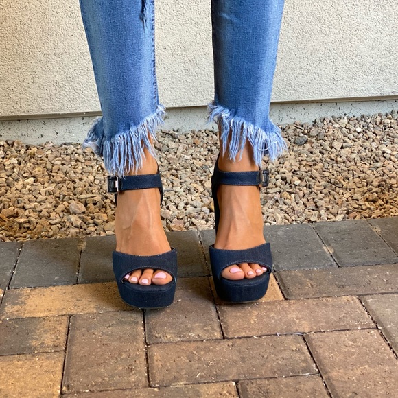 Denim Blue Distressed Towering Platform Sandal - Picture 3 of 12